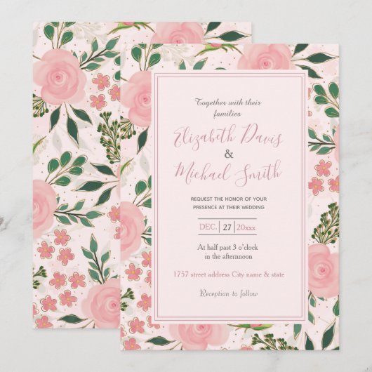 Roze Waterverf Rozen Gold Outline Design Kaart (Voorkant / Achterkant)