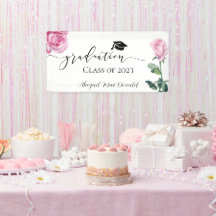 Roze Waterverf Rozen Graduation Party Banner