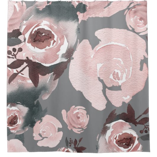 Roze Waterverf Rozen Grijze houtskool Bloemen Douchegordijn (Voorkant)