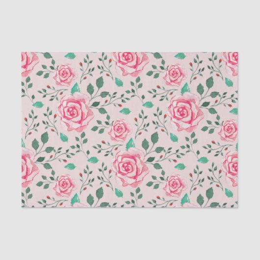 Roze Waterverf Rozen & groen | Blush Pink Tissuepapier (Voorkant)