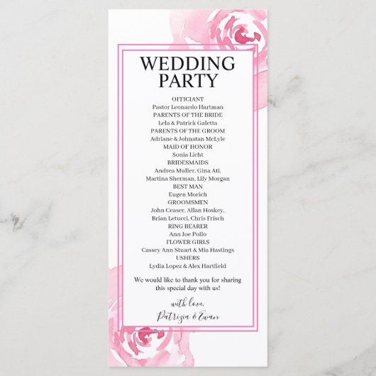 Roze Waterverf Rozen Huwelijksprogramma platte kaa Programmakaart (Achterkant)