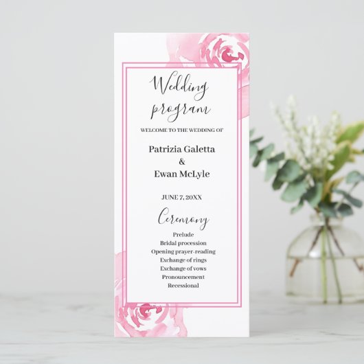 Roze Waterverf Rozen Huwelijksprogramma platte kaa Programmakaart (Staand voorkant)