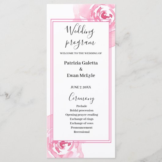 Roze Waterverf Rozen Huwelijksprogramma platte kaa Programmakaart (Voorkant)