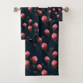 Roze waterverf rozen knoppen op donkerblauw bad handdoek