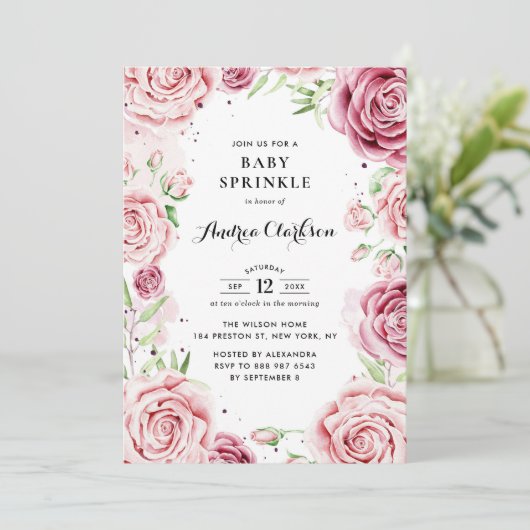 Roze Waterverf Rozen Lijst Baby Kaart (Staand voorkant)