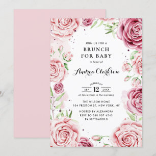 Roze Waterverf Rozen Lijst Baby shower Brunch Kaart
