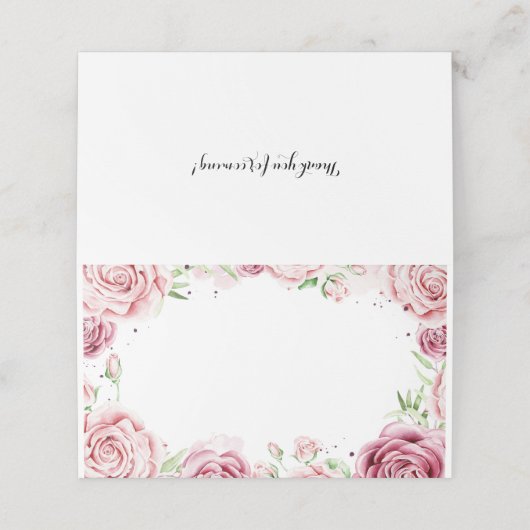 Roze Waterverf Rozen Lijst bruiloft Plaatskaartje (Buitenkant ongevouwen)