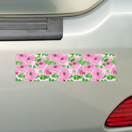 Roze waterverf rozen met bladeren en knoppen bumpersticker (Op auto)