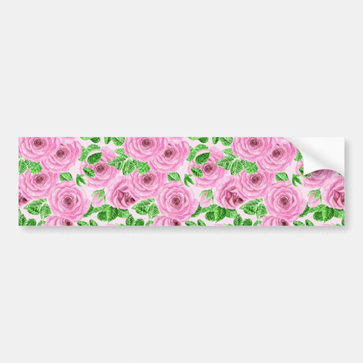 Roze waterverf rozen met bladeren en knoppen bumpersticker (Voorkant)