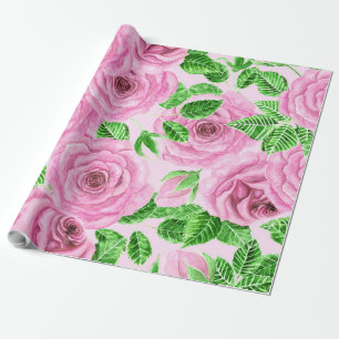 Roze waterverf rozen met bladeren en knoppen cadeaupapier