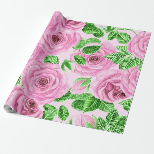 Roze waterverf rozen met bladeren en knoppen cadeaupapier (Uitgerold)