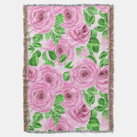 Roze waterverf rozen met bladeren en knoppen deken (Voorkant Verticaal)