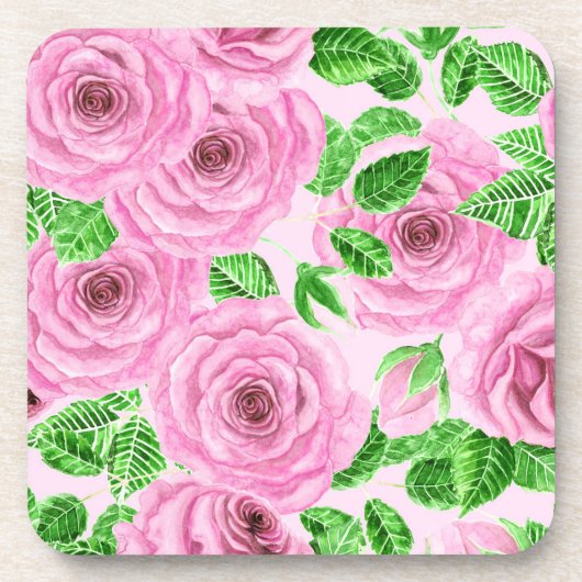 Roze waterverf rozen met bladeren en knoppen drankjes onderzetter (Voorkant)