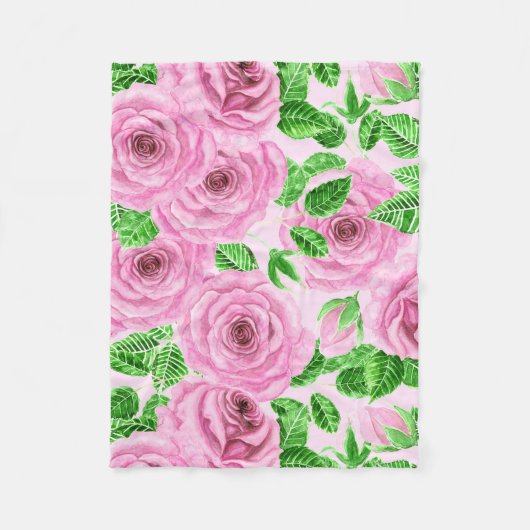 Roze waterverf rozen met bladeren en knoppen fleece deken (Voorkant)