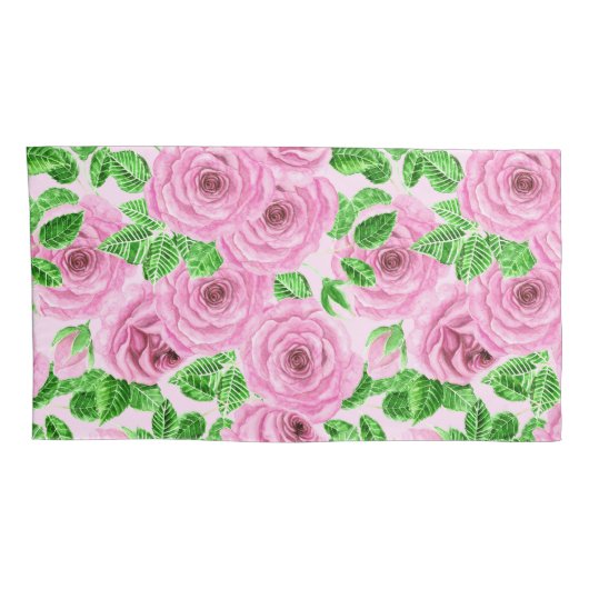 Roze waterverf rozen met bladeren en knoppen kussensloop (Achterkant-Rechts)