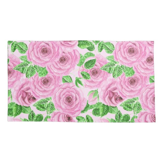 Roze waterverf rozen met bladeren en knoppen kussensloop (Achterkant-Links)