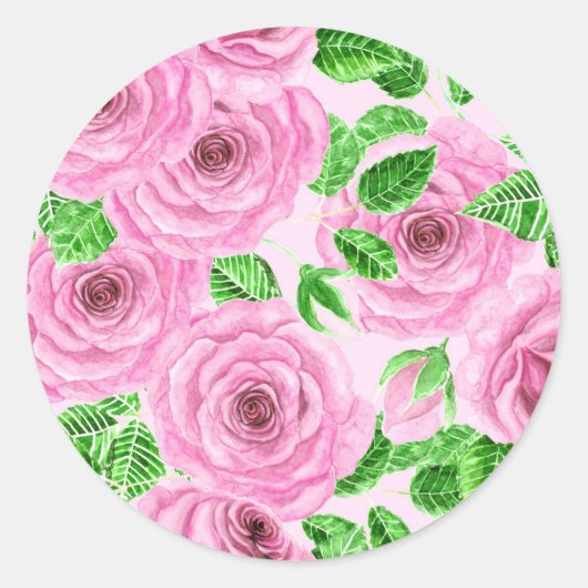 Roze waterverf rozen met bladeren en knoppen ronde sticker (Voorkant)