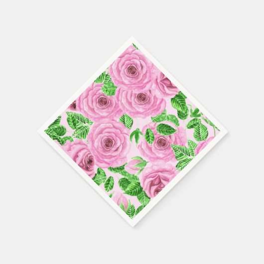 Roze waterverf rozen met bladeren en knoppen servetten (Hoek)