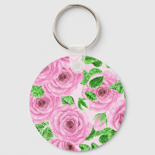 Roze waterverf rozen met bladeren en knoppen sleutelhanger