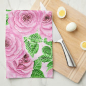 Roze waterverf rozen met bladeren en knoppen theedoek (Quarter Fold)