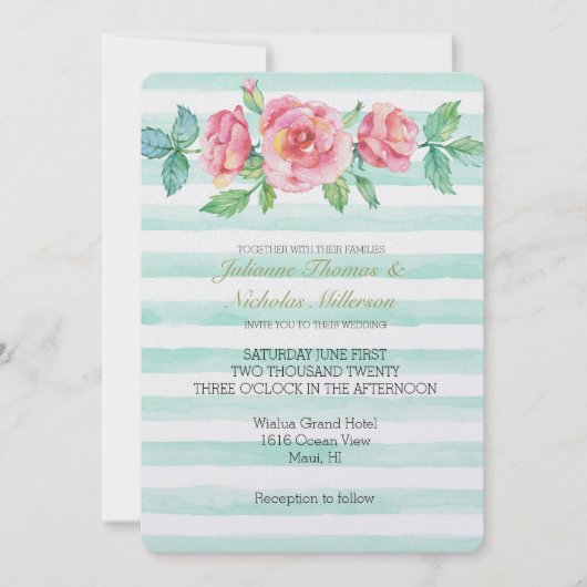 Roze Waterverf Rozen Mint Stripes Bruiloft Kaart (Voorkant)