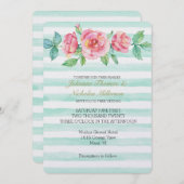 Roze Waterverf Rozen Mint Stripes Bruiloft Kaart (Voorkant / Achterkant)