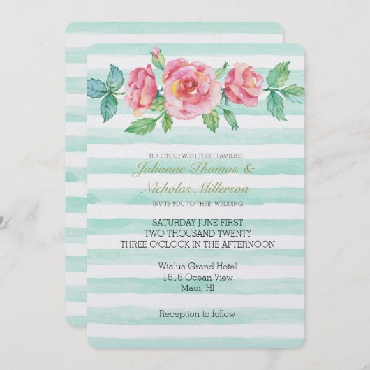 Roze Waterverf Rozen Mint Stripes Bruiloft Kaart (Voorkant / Achterkant)