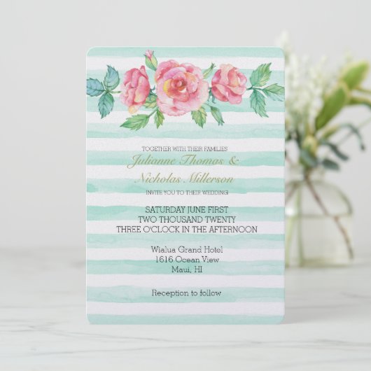 Roze Waterverf Rozen Mint Stripes Bruiloft Kaart (Staand voorkant)