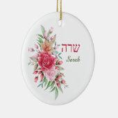 Roze Waterverf Rozen Naam in het Engels en Hebreeu Keramisch Ornament (Rechts)