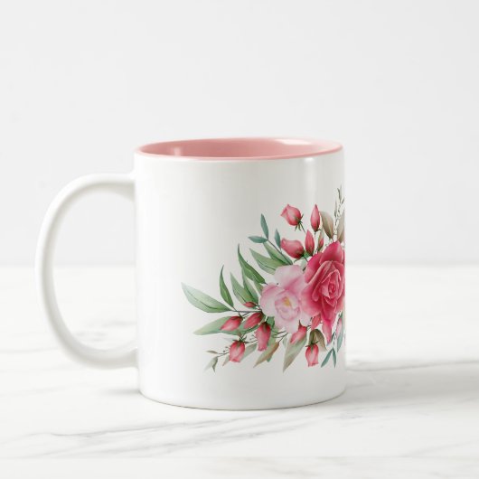 Roze Waterverf Rozen Naam in het Engels en Hebreeu Tweekleurige Koffiemok (Links)