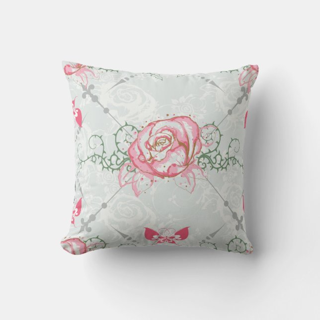  Roze Waterverf Rozen op Grijs Sierkussen (Voorkant)