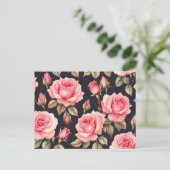 Roze Waterverf Rozen op zwarte achtergrond Briefkaart (Staand voorkant)