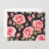 Roze Waterverf Rozen op zwarte achtergrond Briefkaart (Voorkant / Achterkant)