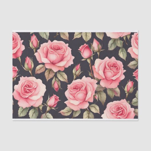 Roze Waterverf Rozen op zwarte achtergrond Tissuepapier (Voorkant)