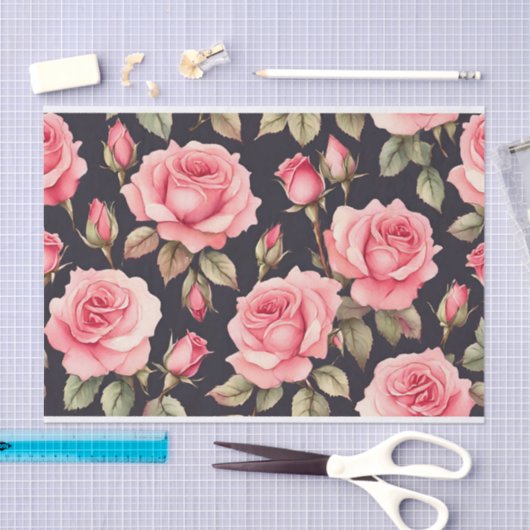 Roze Waterverf Rozen op zwarte achtergrond Tissuepapier (Craft)