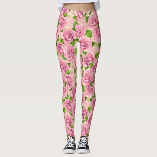 Roze waterverf rozen patroon leggings (Voorkant)