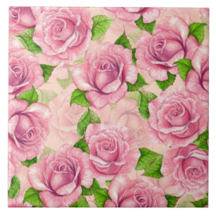Roze waterverf rozen patroon tegeltje