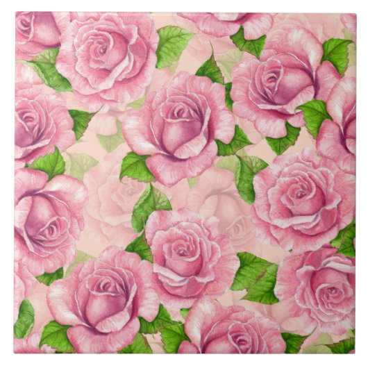 Roze waterverf rozen patroon tegeltje (Voorkant)