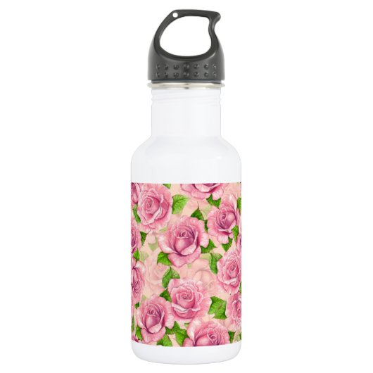 Roze waterverf rozen patroon waterfles (Voorkant)