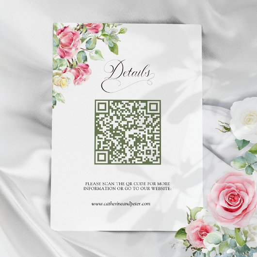 Roze Waterverf Rozen QR Code Bruiloft Informatiekaartje