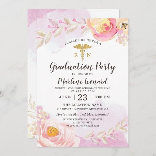 Roze Waterverf Rozen RN Nurse Graduparty Kaart (Voorkant / Achterkant)