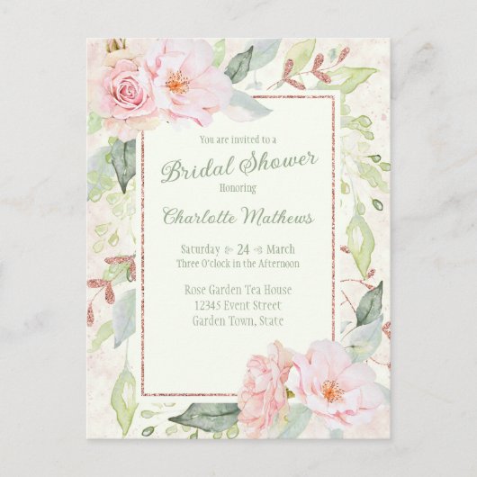 Roze Waterverf Rozen Sage Groen Vrijgezellenfeest Uitnodiging Briefkaart (Voorkant)