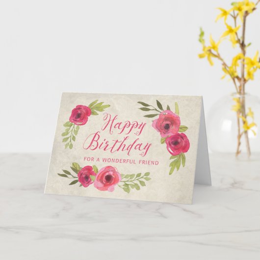 Roze Waterverf Rozen Vriend Verjaardag Kaart (Gele Bloem)