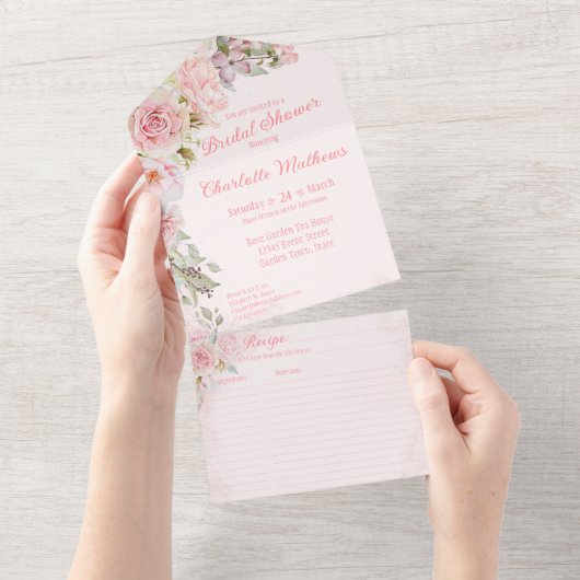 Roze Waterverf Rozen Vrijgezellenfeest All In One Uitnodiging (Afscheurbaar)