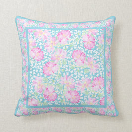 Roze Waterverf Rozen, witte vlinders, Sky Blue Kussen