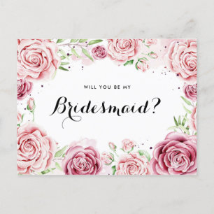 Roze Waterverf Rozen worden mijn Bridesmaid II Uitnodiging Briefkaart
