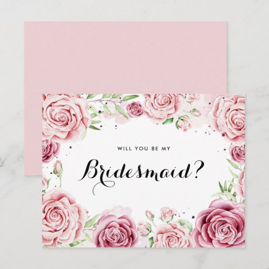 Roze Waterverf Rozen worden mijn Bridesmaid II Uitnodiging Briefkaart (Voorkant / Achterkant)