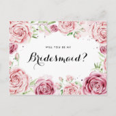 Roze Waterverf Rozen worden mijn Bridesmaid II Uitnodiging Briefkaart (Voorkant)
