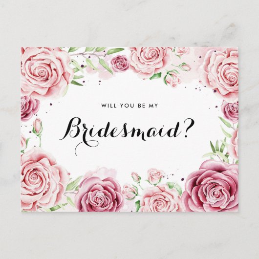 Roze Waterverf Rozen worden mijn Bridesmaid II Uitnodiging Briefkaart (Voorkant)