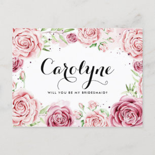 Roze Waterverf Rozen zijn mijn bruidsmeisje Uitnodiging Briefkaart